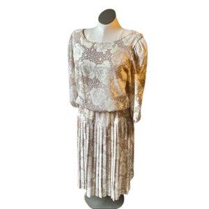 Vintage 1980’s Beige & Cream Rose Print Shoulder Pad 20’s Style Drop Waist Dress